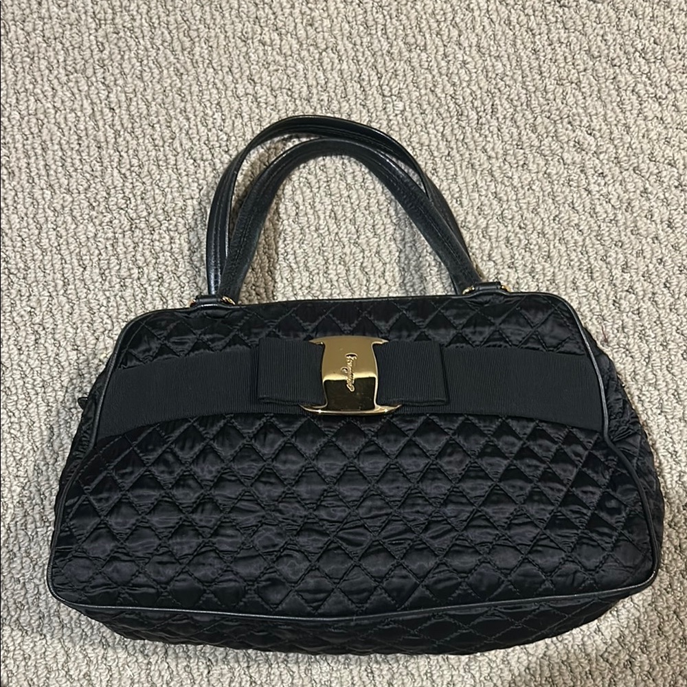 Ferragamo Black Quilted Handbag with Gold Accents